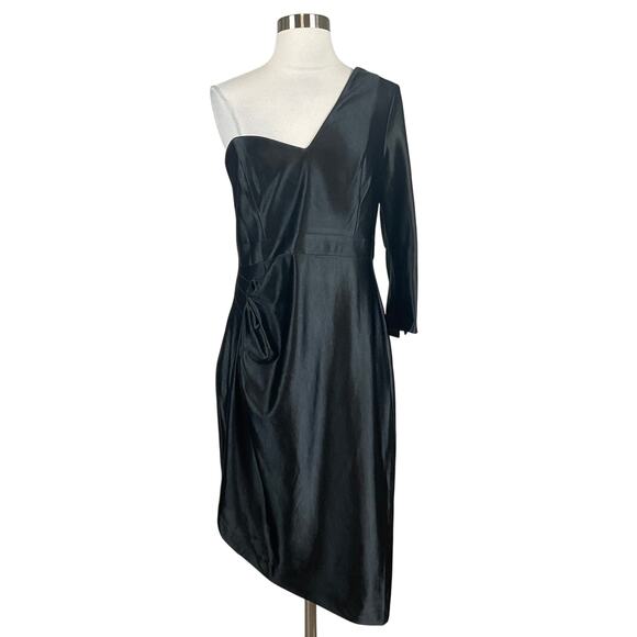 Adrianna Papell Satin One Shoulder Long Sleeve Midi Cocktail Dress Black Size 10 - Picture 1 of 14